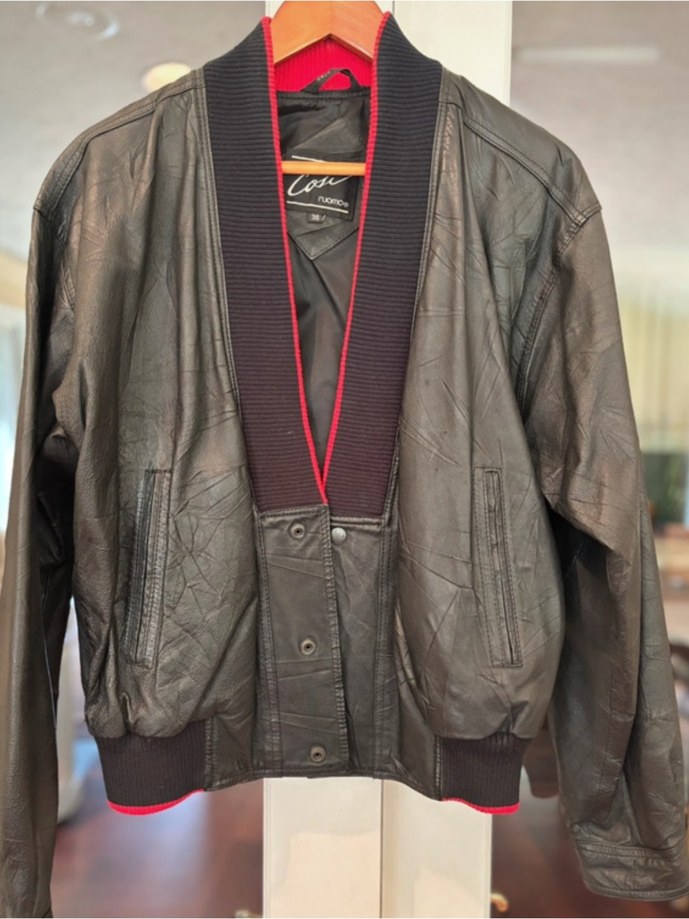 Cosi Black Leather Bomber Jacket with Red Trim, Vtg made in Korea